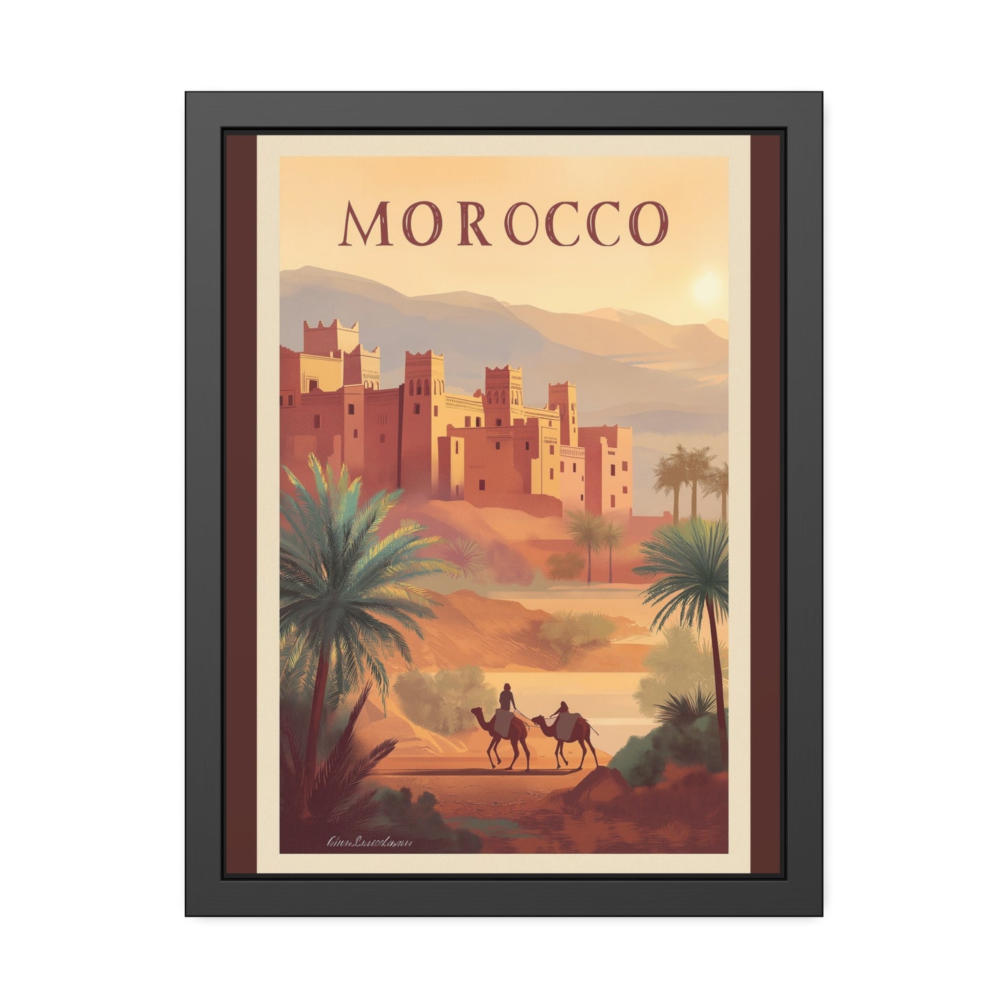 Morocco vintage travel artwork, kasbah at sunset with two camels, framed paper poster