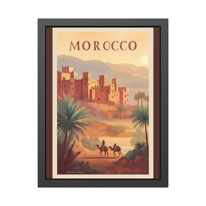 Morocco vintage travel artwork, kasbah at sunset with two camels, framed paper poster