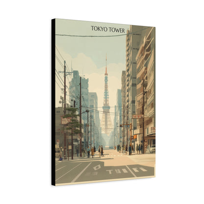 Tokyo Tower Street Scene Matte Canvas Print — Vintage Cityscape Wall Art