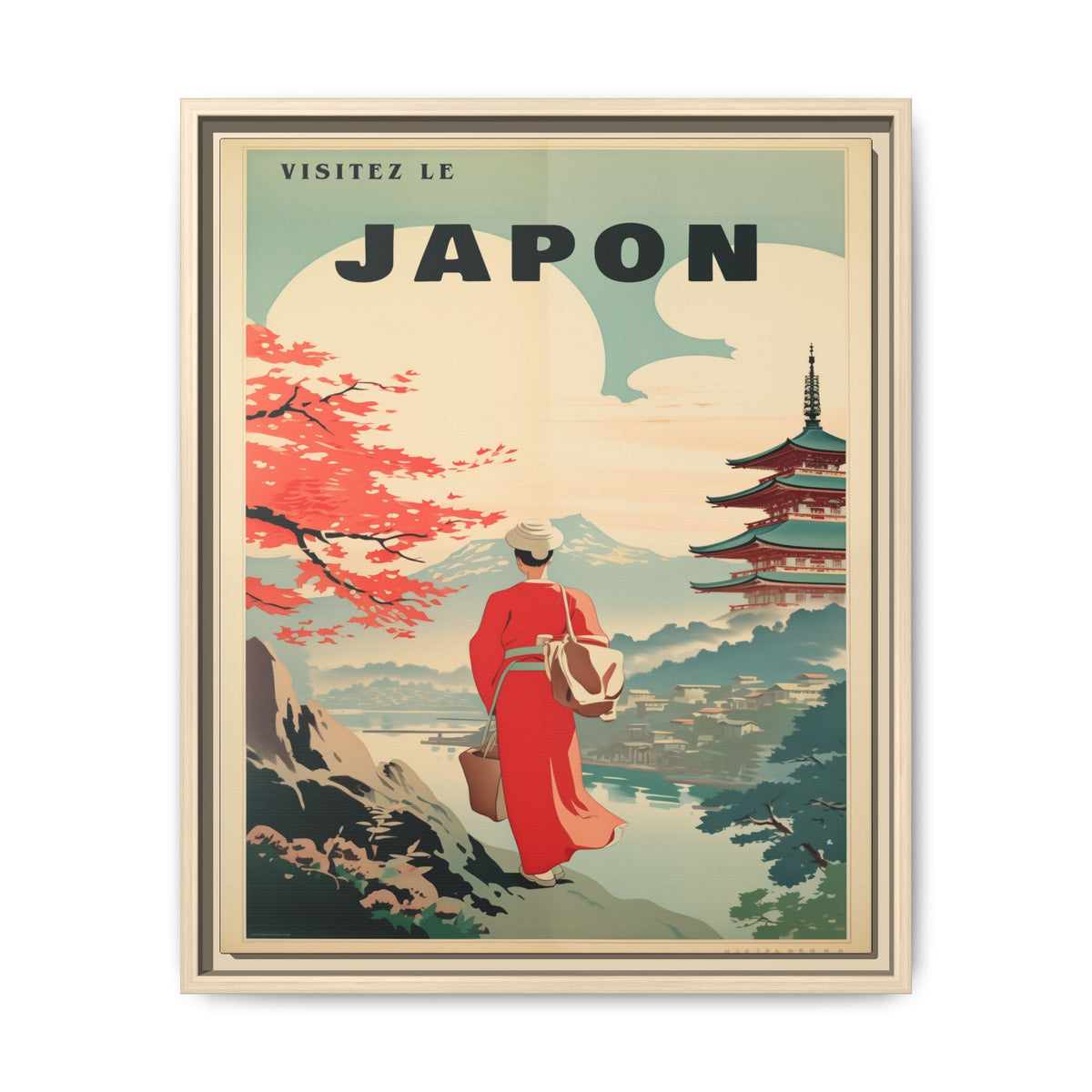 Vintage Visit Japan pagoda and maple artwork, 16 × 20, natural framed canvas, front view