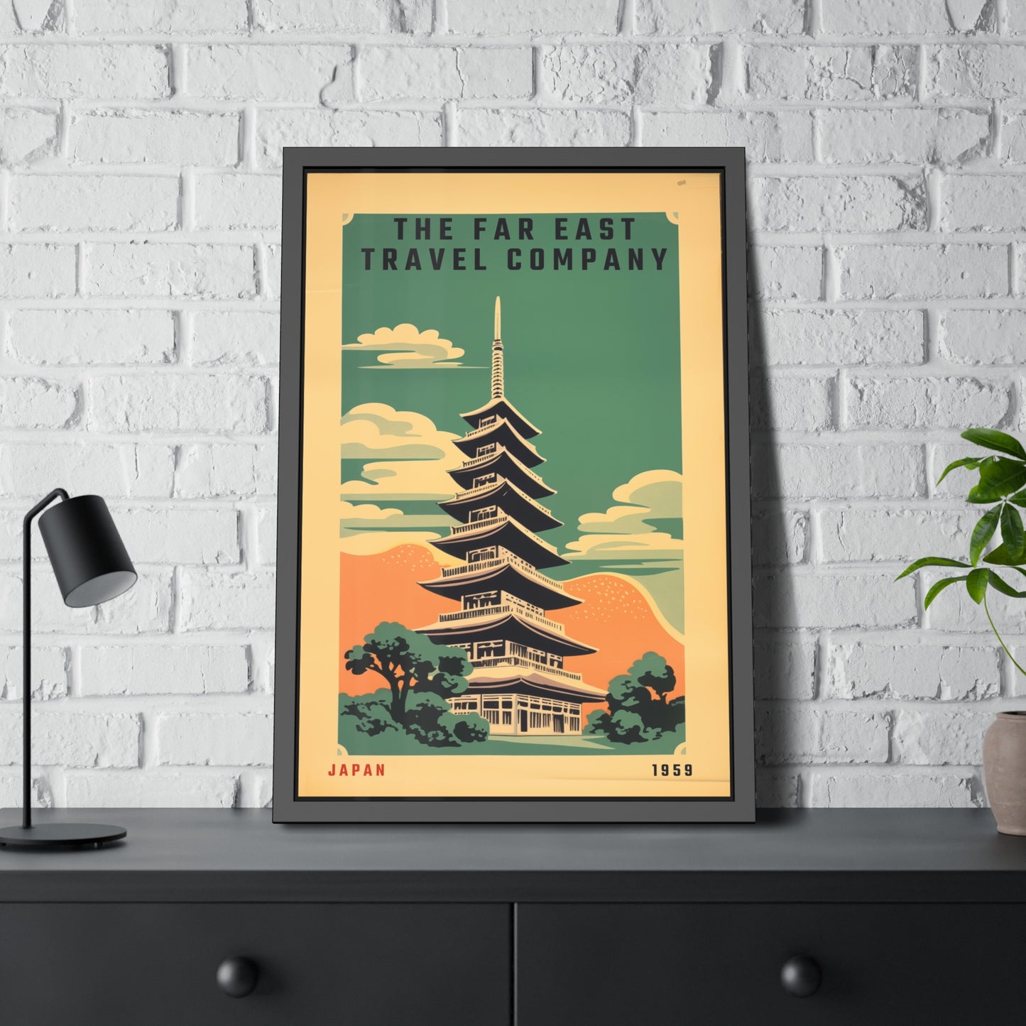Framed Japan Travel Poster — Vintage Far East Pagoda Wall Art