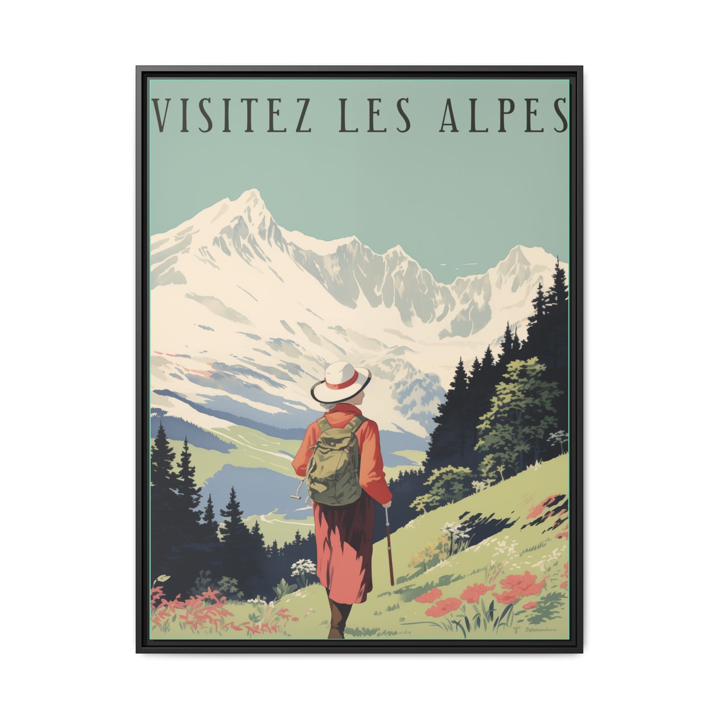 "Visitez Les Alpes(Visit the Alps French) Vintage Travel Poster | Matte Canvas with Black Frame"