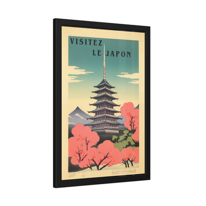 Framed Poster - "Visitez Le Japon" Vintage Travel Art (Cherry Blossom Pagoda)