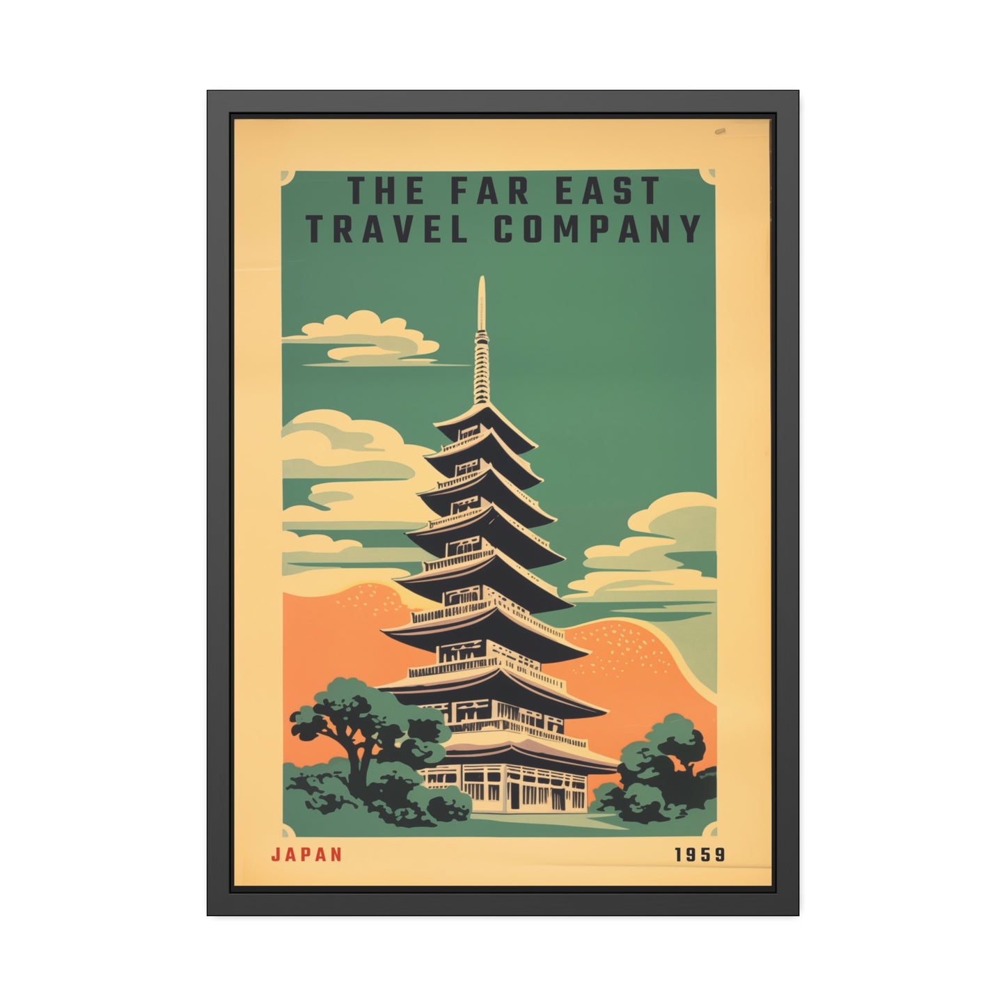 Framed Japan Travel Poster — Vintage Far East Pagoda Wall Art