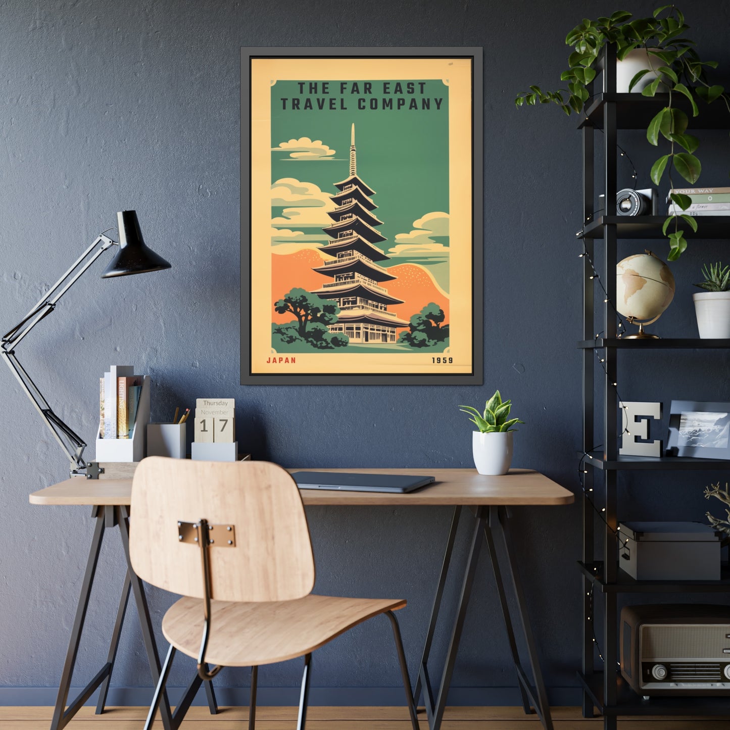 Framed Japan Travel Poster — Vintage Far East Pagoda Wall Art