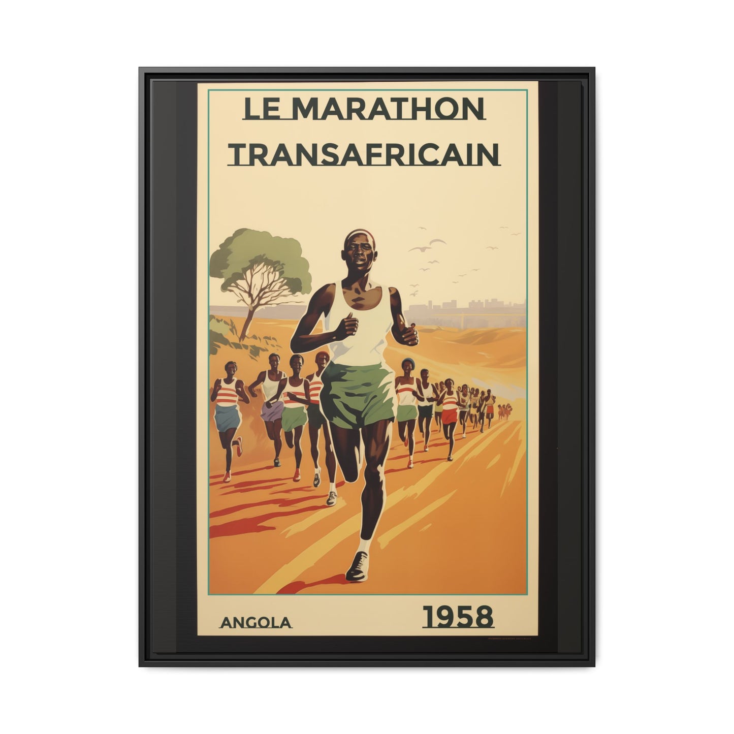 "Le Marathon Transafricain (French)". – 1958 Angola Vintage Matte Canvas, Black Frame