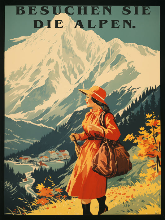 "Besuchen Sie die Alpen" translates to "Visit the Alps,"  - Vintage German Travel Poster | Digital download"