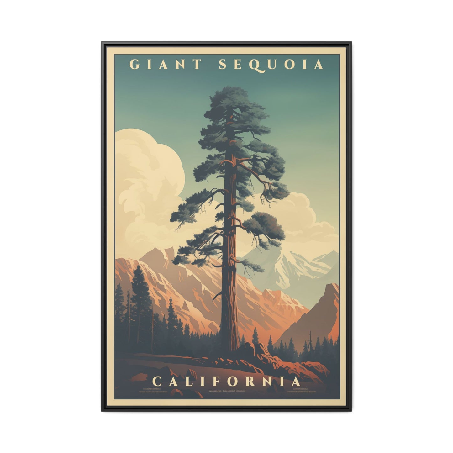 Set of three 30×40 Giant Sequoia matte canvases in vintage-travel style. Framed, museum-quality, and bundled for added savings.