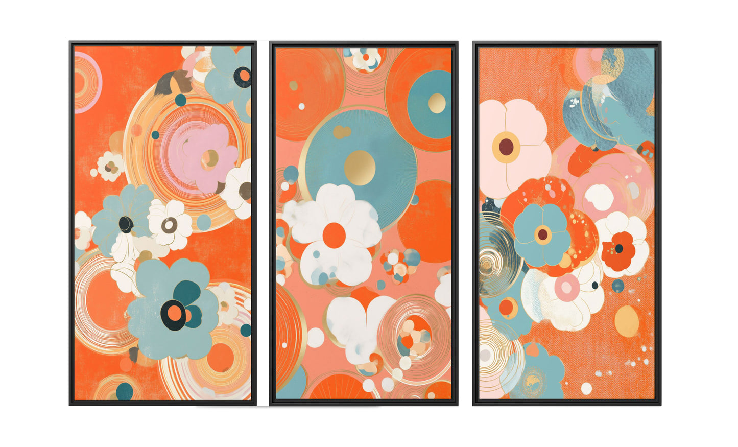 Mid-Century Modern Floral Abstract Canvas Set of 3 — 24x48  (Black, Espresso & White Frames)