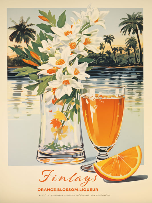 "Finlays Orange Blossom Liqueur Art Print – Tropical Vintage Featuring Florals and Coastal Scenery Digital download"