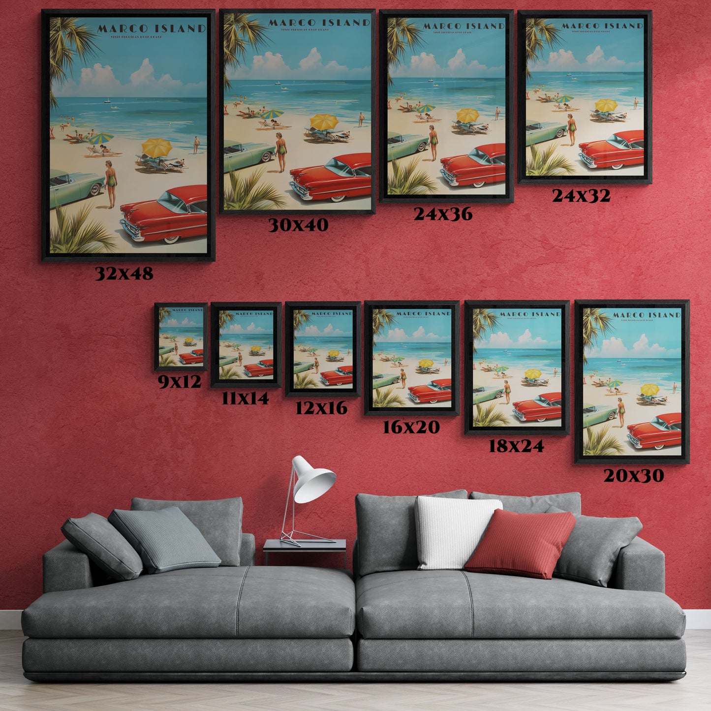 "Marco Island Retro Beach Scene – Vintage Wall Art of Florida’s Gulf Coast" Matte Canvas, Black Frame