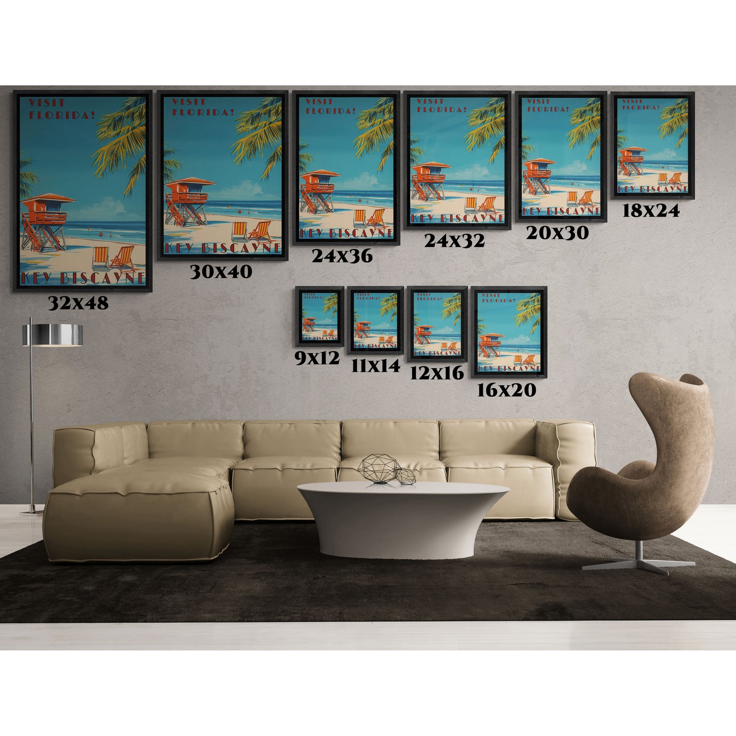 "Key Biscayne Beach Vintage – Classic Florida Coastal Art Print" Matte Canvas, Black Frame