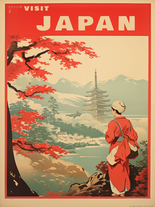 Vintage Japan Travel Poster - 'Visit Japan' Scenic Pagoda View Digital download.