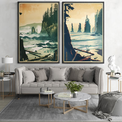 Framed Coastal Cliff Canvas Print Set Of 2 — 40×60 Vintage Seascape Wall Art