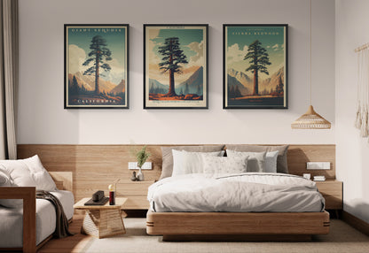 Set of three 30×40 Giant Sequoia matte canvases in vintage-travel style. Framed, museum-quality, and bundled for added savings.