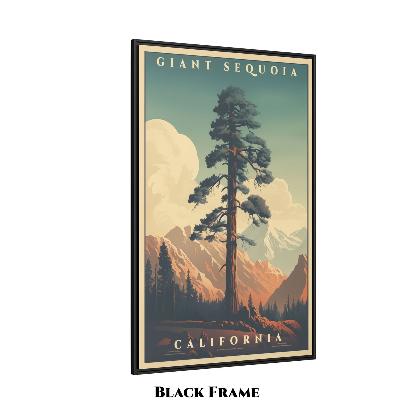 Set of three 32x48 Giant Sequoia matte canvases in vintage-travel style. Framed, museum-quality, and bundled for added savings.
