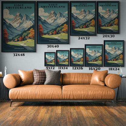 "Besuchen Sie die Alpen" translates to "Visit the Alps,"  - Vintage German Travel Poster | Matte Canvas with Black Frame"