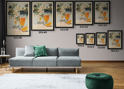"Finlays Orange Blossom Liqueur Art Print – Tropical Vintage Featuring Florals and Coastal Scenery" Matte Canvas, Black Frame