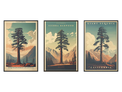 Set of three 30×40 Giant Sequoia matte canvases in vintage-travel style. Framed, museum-quality, and bundled for added savings.