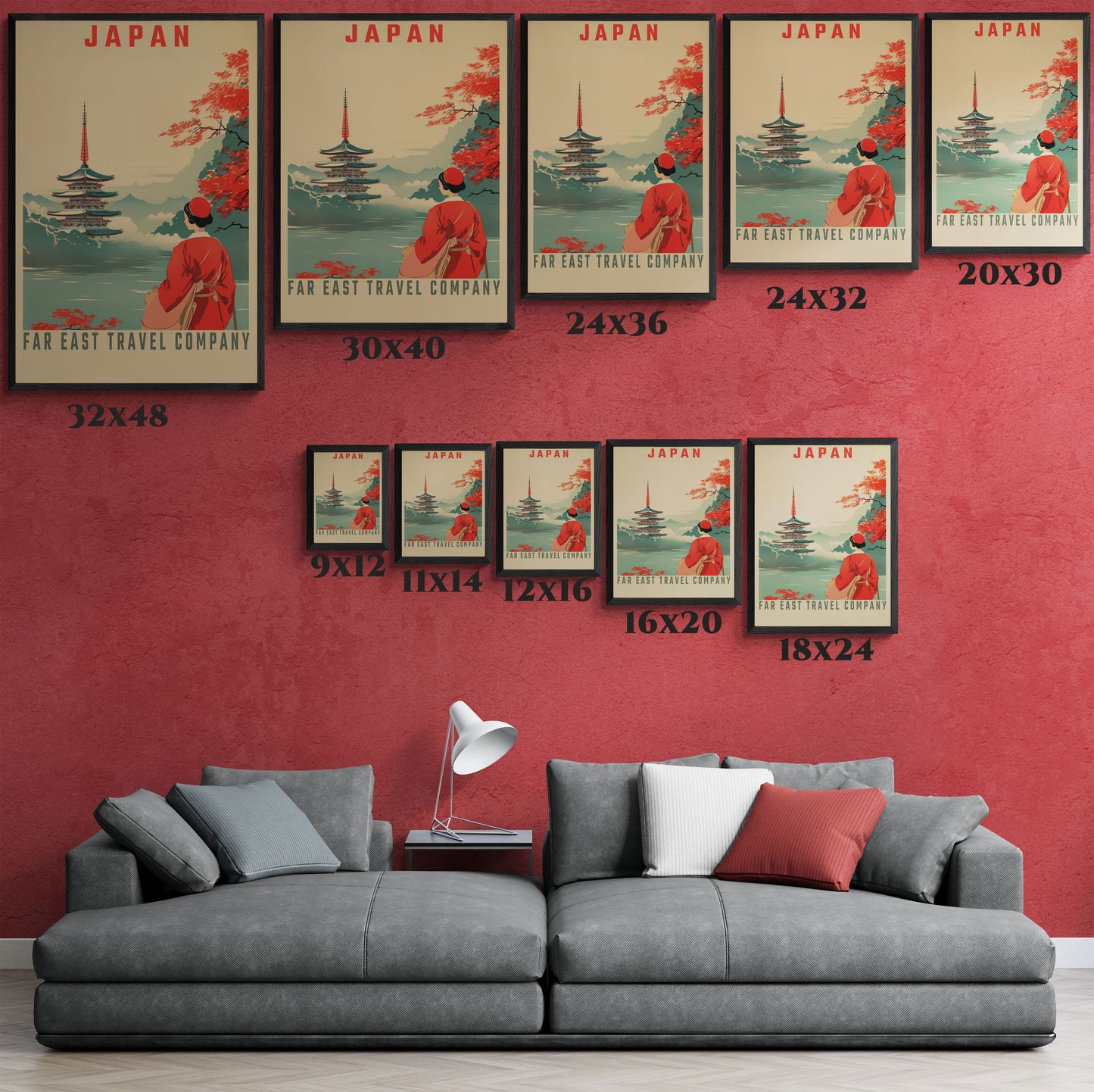 "Vintage Japan Travel Poster - Far East Travel Company Matte Canvas Wall Art with Black Frame" Matte Canvas, Black Frame