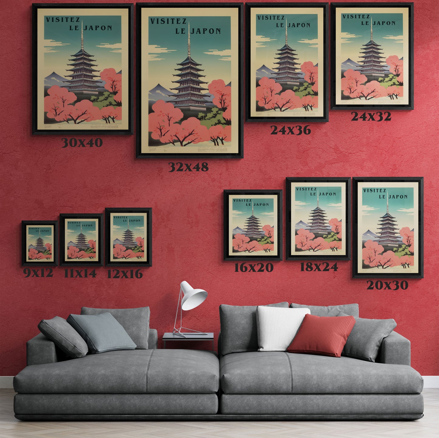"Vintage Japanese Pagoda Travel Poster - 'Visitez Le Japon' Matte Canvas Wall Art with Black Frame" Matte Canvas, Black Frame