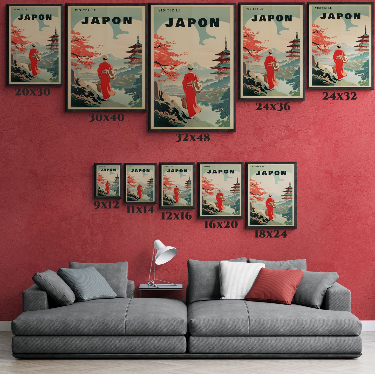 "Vintage French Japan Travel Poster - 'Visitez Le Japon' Matte Canvas Wall Art with Black Frame" Matte Canvas, Black Frame