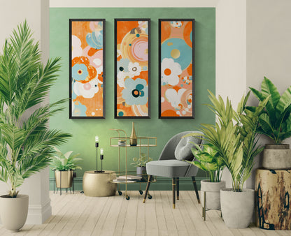 Mid-Century Modern Floral Abstract Canvas Set of 3 — 20×60  (Black, Espresso & White Frames)