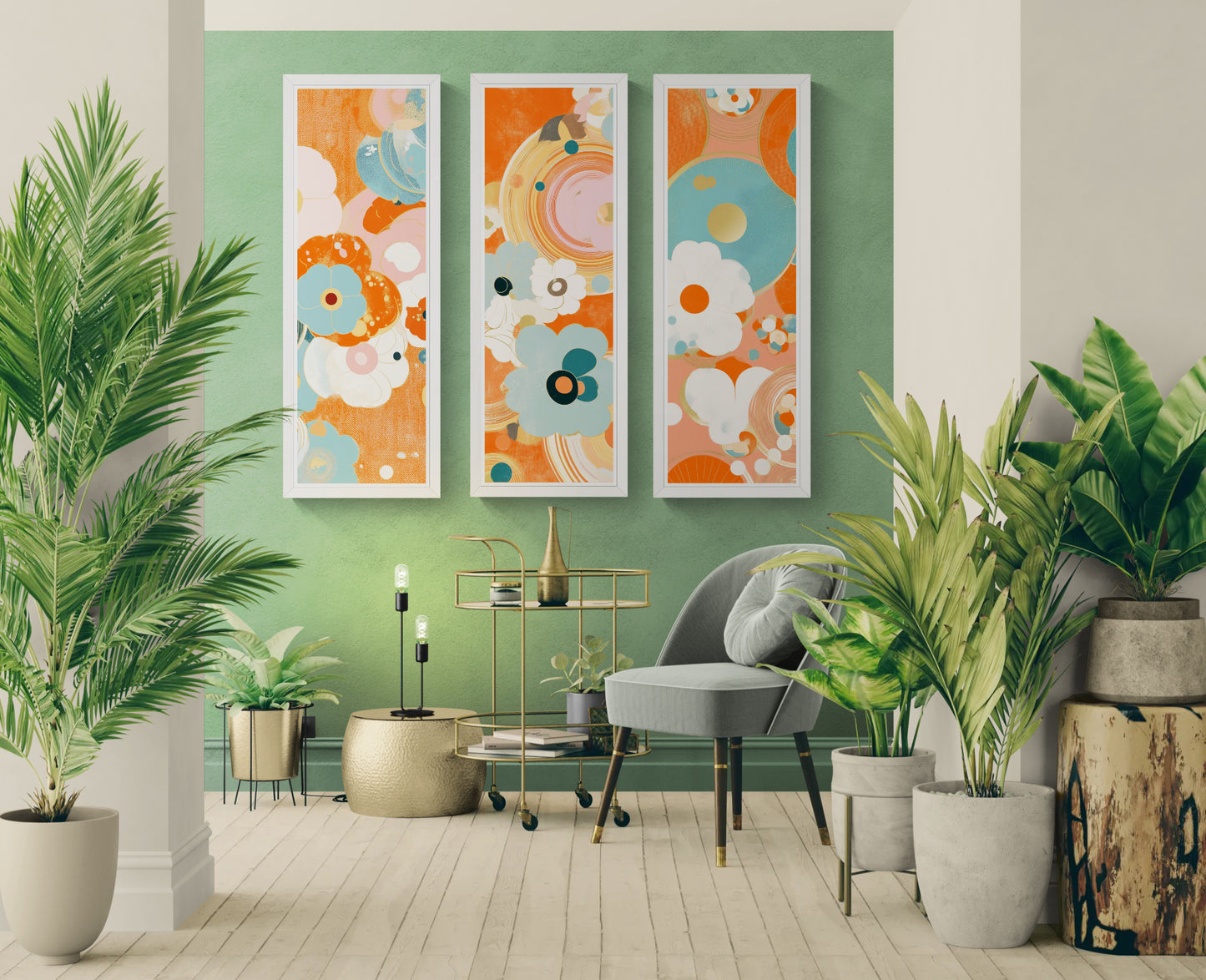 Mid-Century Modern Floral Abstract Canvas Set of 3 — 20×60  (Black, Espresso & White Frames)