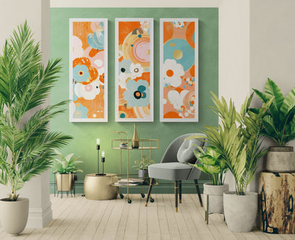 Mid-Century Modern Floral Abstract Canvas Set of 3 — 20×60  (Black, Espresso & White Frames)