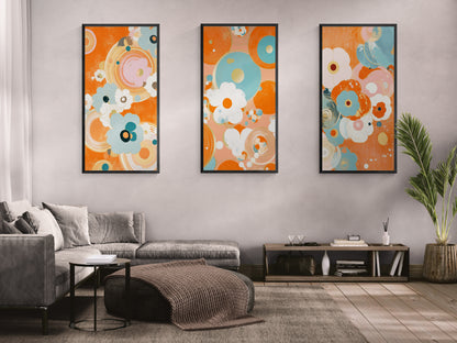 Mid-Century Modern Floral Abstract Canvas Set of 3 — 30x60  (Black, Espresso & White Frames)