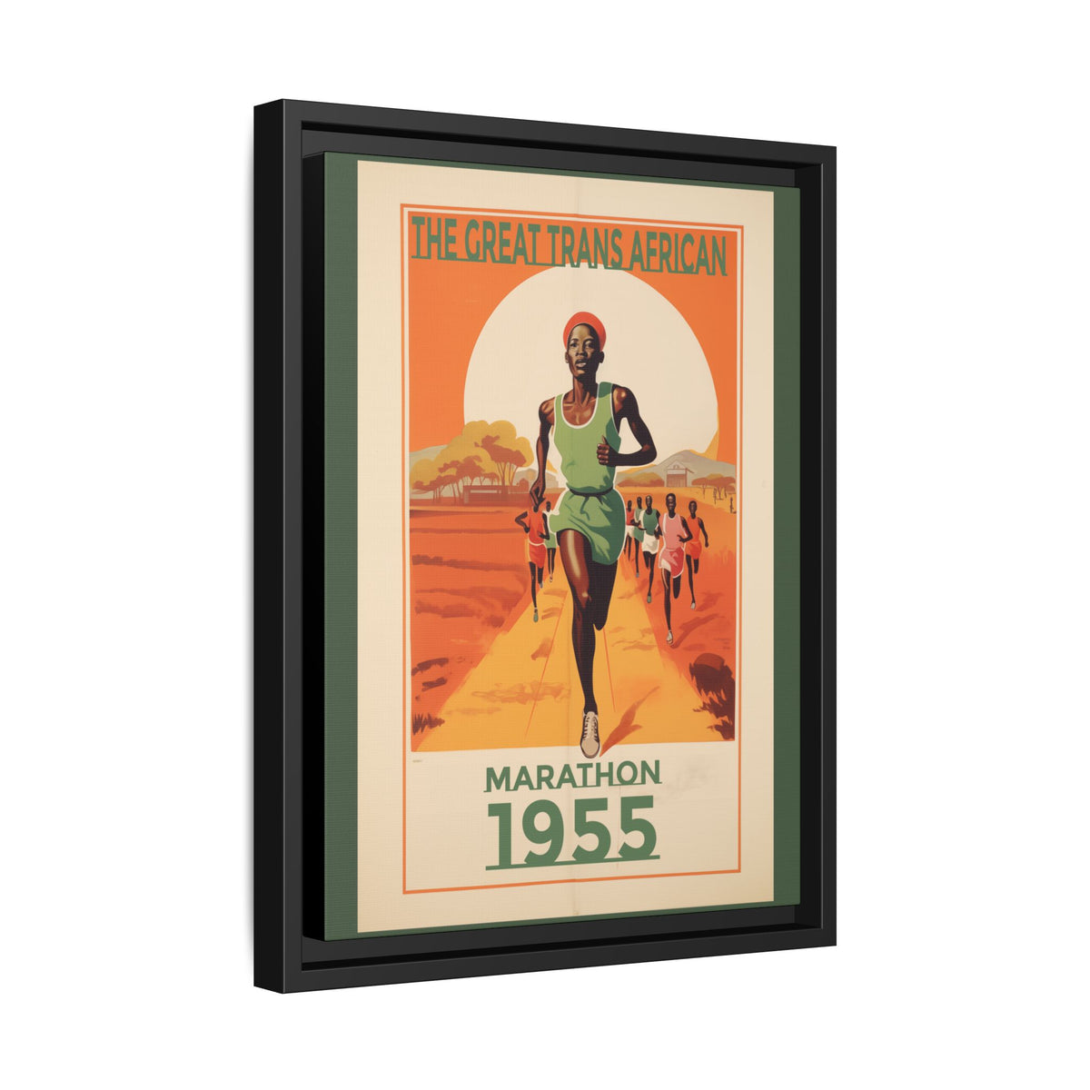 Vintage 1955 Great Trans African Marathon artwork, 12 × 16, black framed canvas, angled view showing the wrapped canvas edge and frame depth