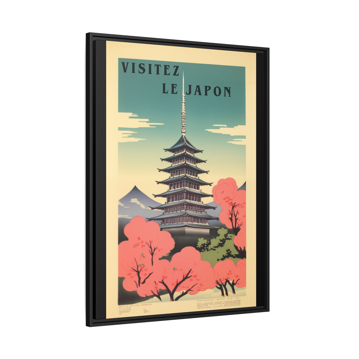 Visitez Le Japon vintage pagoda travel artwork, 30 × 40, black framed canvas, angled view showing the wrapped canvas edge and frame depth