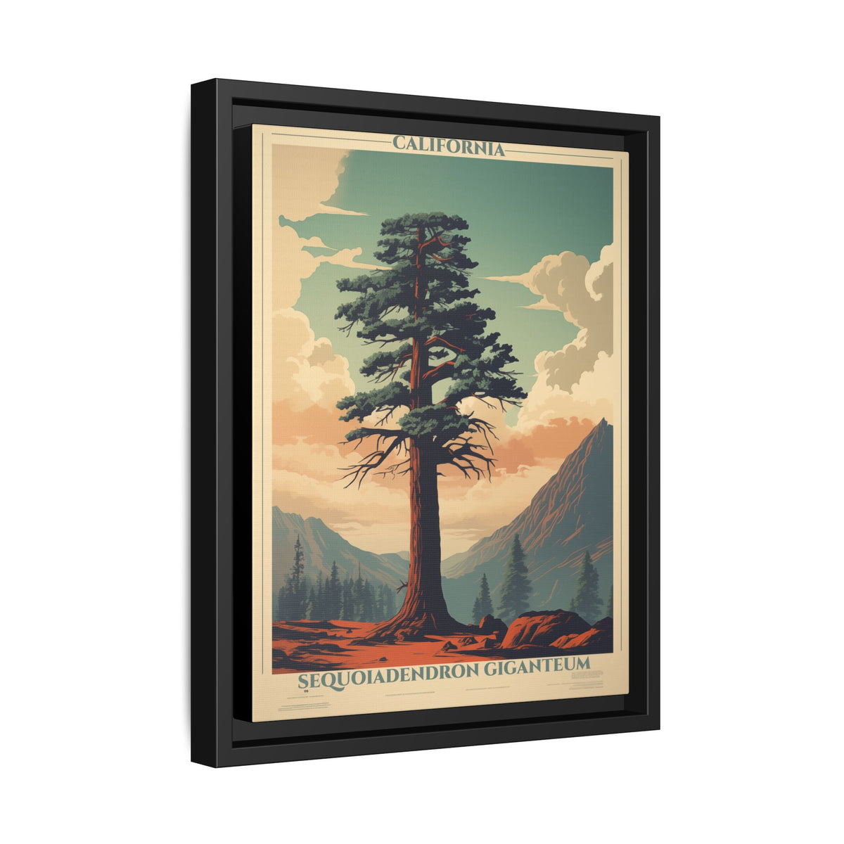 California Sequoiadendron Giganteum vintage nature artwork, 11 × 14, black framed canvas, angled view showing the wrapped canvas edge and frame depth