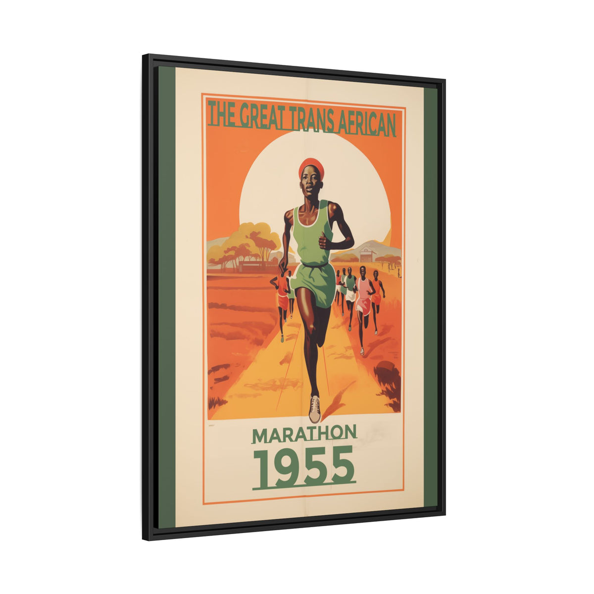 Vintage 1955 Great Trans African Marathon artwork, 30 × 40, black framed canvas, angled view showing the wrapped canvas edge and frame depth