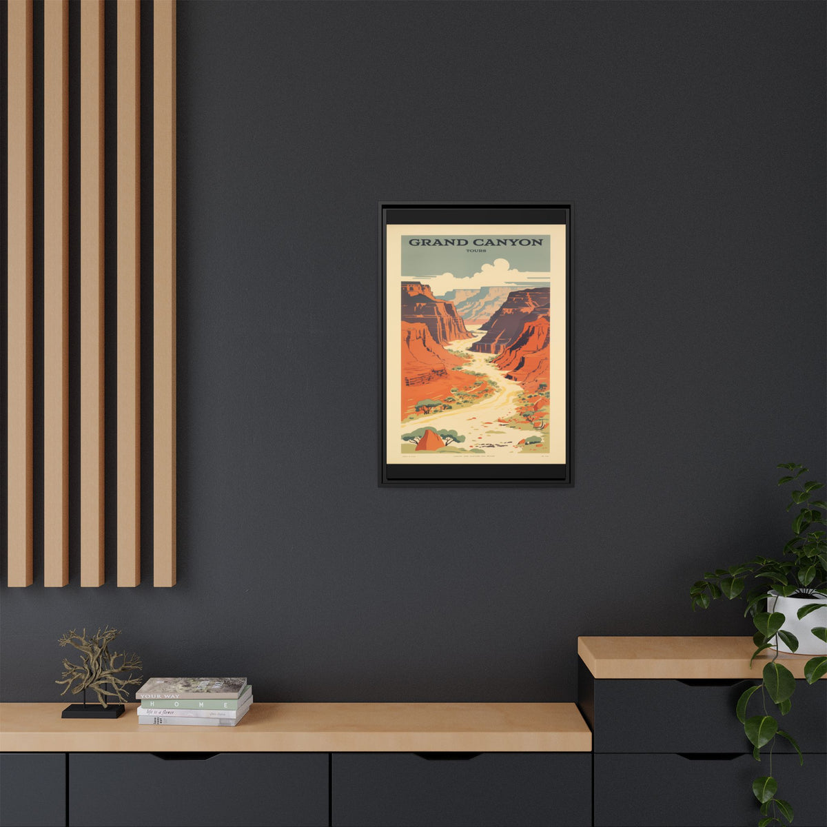 Grand Canyon River Tours vintage travel artwork, 20 × 30, black framed canvas, displayed on a dark charcoal wall above a light wood bench