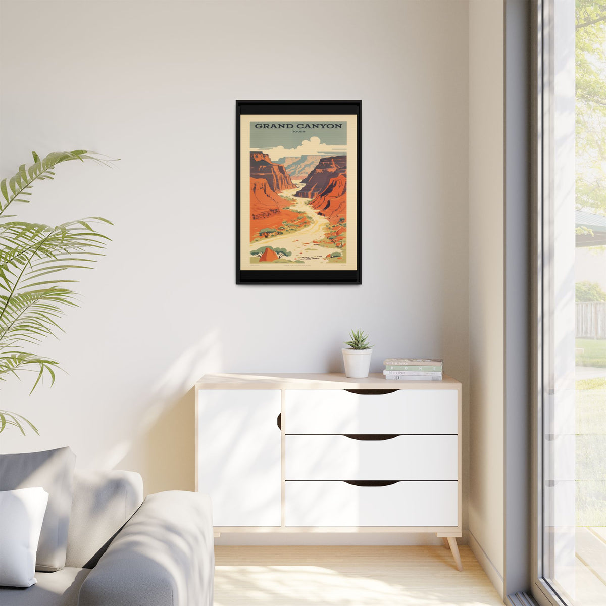 Grand Canyon River Tours vintage travel artwork, 24 × 36, black framed canvas, displayed on a pale wall above a light wood sideboard