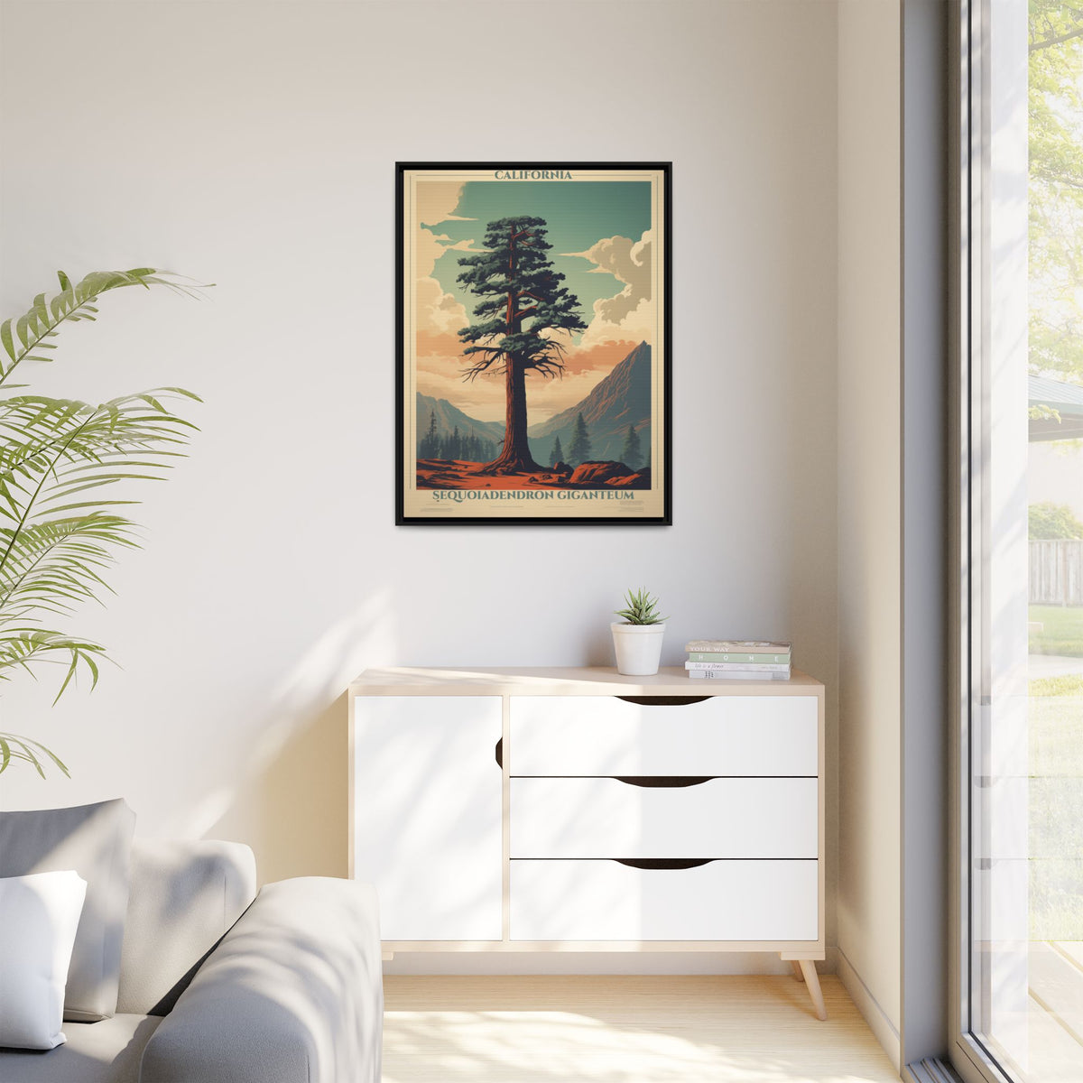 California Sequoiadendron Giganteum vintage nature artwork, 30 × 40, black framed canvas, displayed on a white wall above a low cabinet, beside a potted plant in daylight