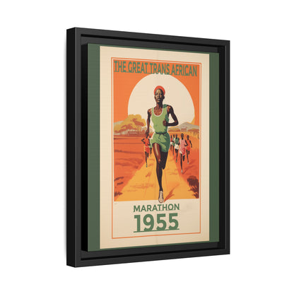 Vintage 1955 Great Trans African Marathon artwork, 11 × 14, black framed canvas, angled view showing the wrapped canvas edge and frame depth