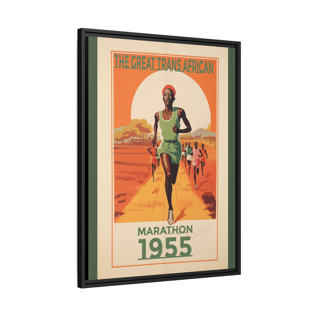 Vintage 1955 Great Trans African Marathon artwork, 24 × 32, black framed canvas, angled view showing the wrapped canvas edge and frame depth