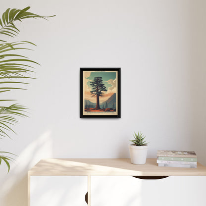 California Sequoiadendron Giganteum vintage nature artwork, 11 × 14, black framed canvas, displayed on a white wall above a low cabinet, beside a potted plant in daylight