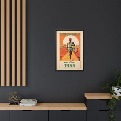 Vintage 1955 Great Trans African Marathon artwork, 20 × 30, black framed canvas, displayed on a dark charcoal wall above a light wood bench