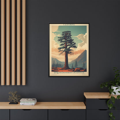 California Sequoiadendron Giganteum vintage nature artwork, 30 × 40, black framed canvas, displayed on a dark charcoal slatted wall above a light wood sideboard
