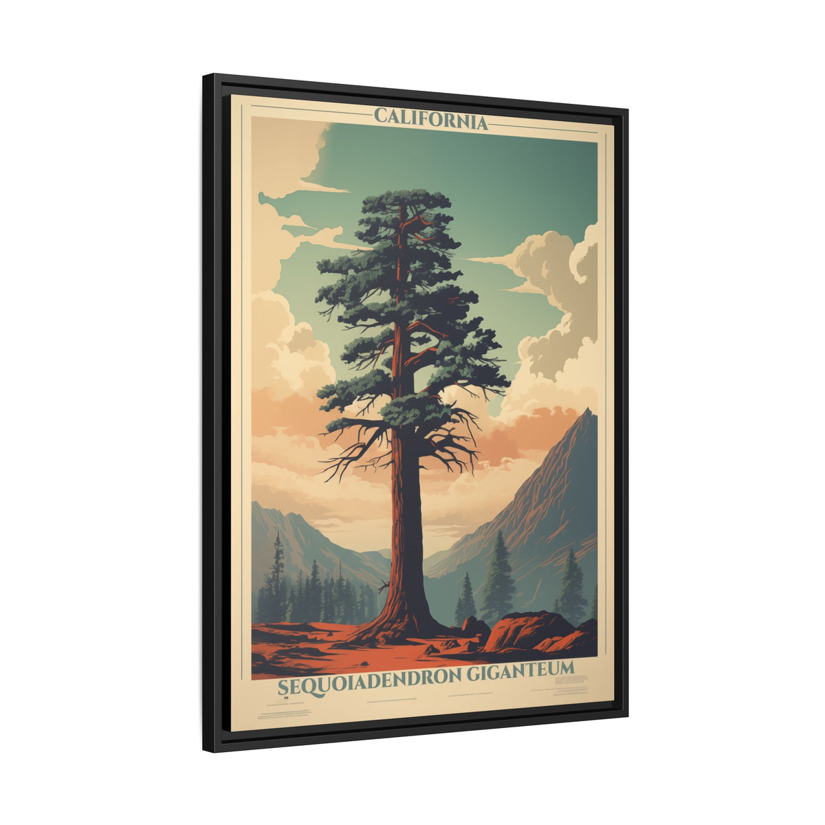 California Sequoiadendron Giganteum vintage nature artwork, 24 × 32, black framed canvas, angled view showing the wrapped canvas edge and frame depth