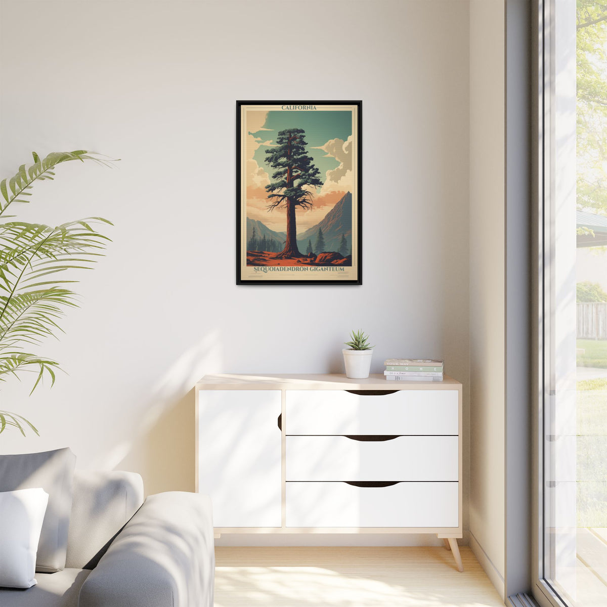 California Sequoiadendron Giganteum vintage nature artwork, 24 × 36, black framed canvas, displayed on a white wall above a low cabinet, beside a potted plant in daylight