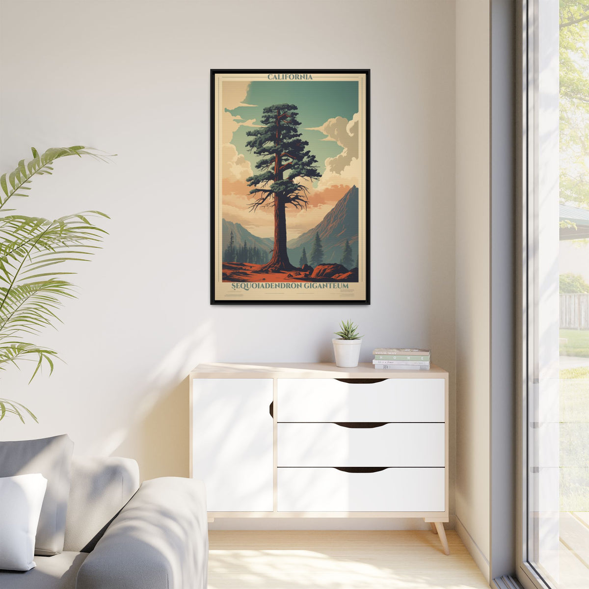 California Sequoiadendron Giganteum vintage nature artwork, 32 × 48, black framed canvas, displayed on a white wall above a low cabinet, beside a potted plant in daylight