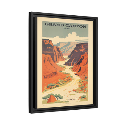 Grand Canyon River Tours vintage travel artwork, 16 × 20, black framed canvas, angled view showing the wrapped canvas edge and frame depth