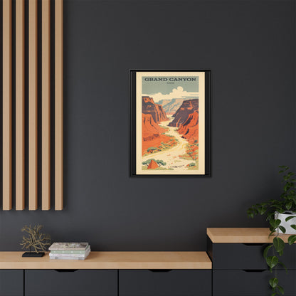 Grand Canyon River Tours vintage travel artwork, 24 × 32, black framed canvas, displayed on a dark charcoal wall above a light wood bench