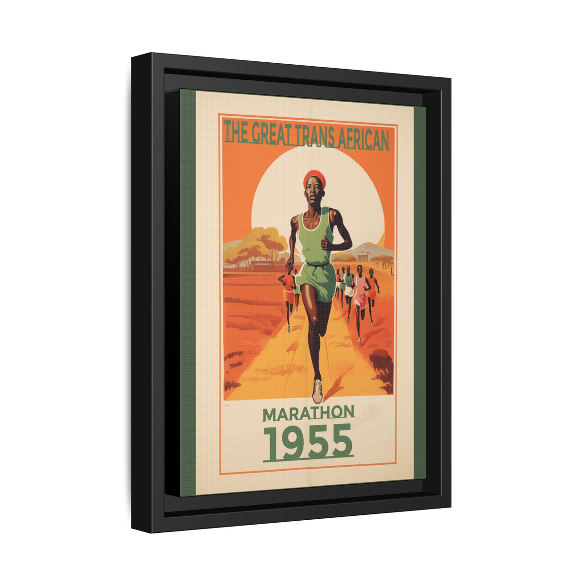 Vintage 1955 Great Trans African Marathon artwork, 9 × 12, black framed canvas, angled view showing the wrapped canvas edge and frame depth