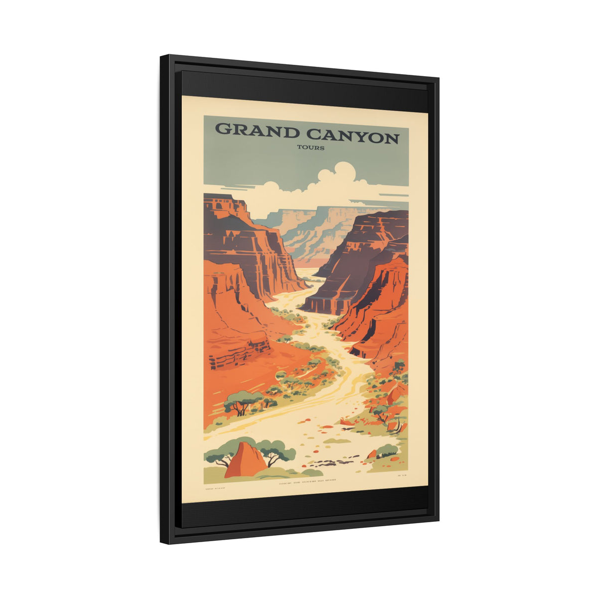 Grand Canyon River Tours vintage travel artwork, 20 × 30, black framed canvas, angled view showing the wrapped canvas edge and frame depth