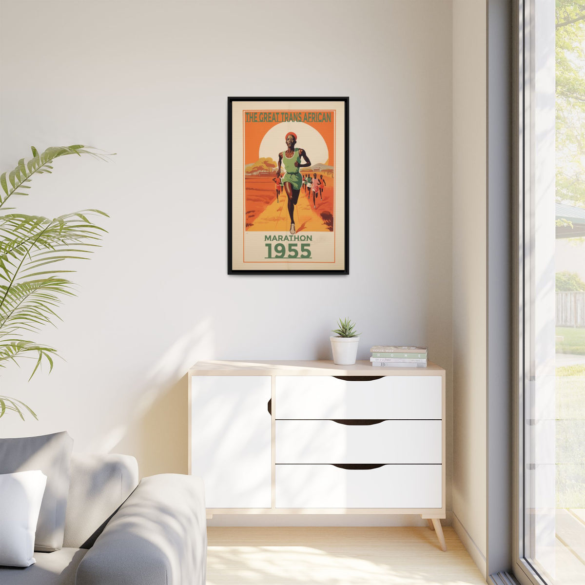 Vintage 1955 Great Trans African Marathon artwork, 24 × 36, black framed canvas, displayed on a pale wall above a light wood sideboard